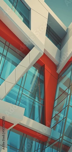 Futuristic glass building with bold red beams
