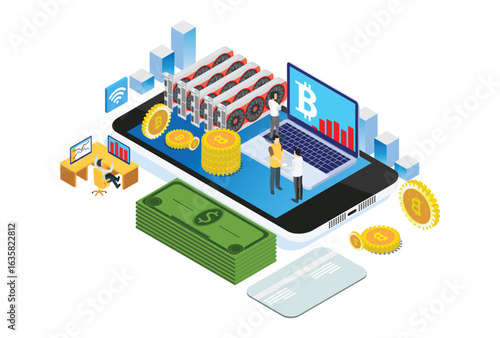 Modern Isometric Smart Bitcoin Mining Illustration, Suitable for Diagrams, Infographics, Book Illustration, Game Asset, And Other Graphic Related Assets