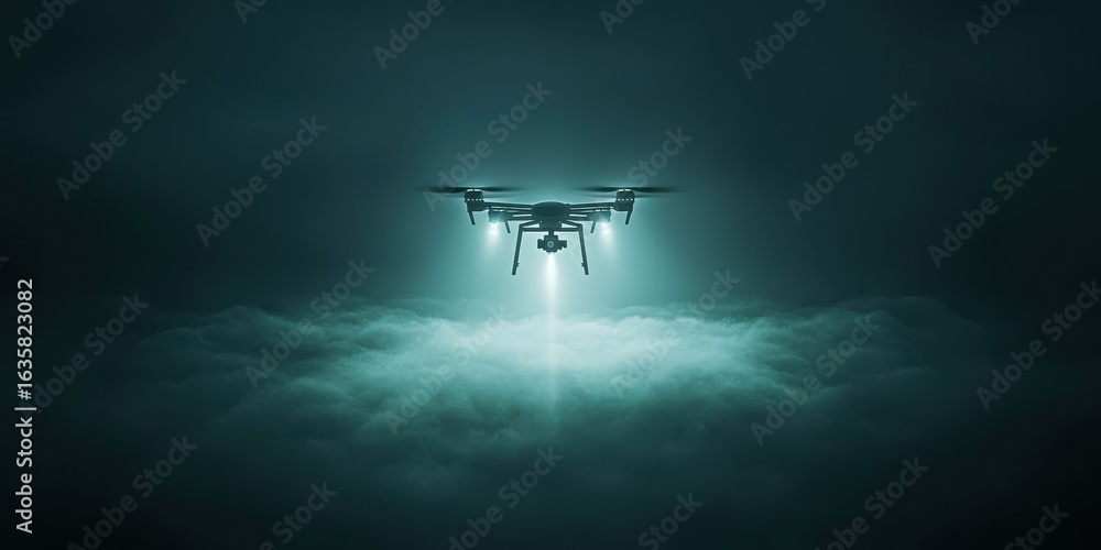 Fototapeta premium A drone hovers above clouds, illuminating the scene with a beam of light, creating a mysterious atmosphere.