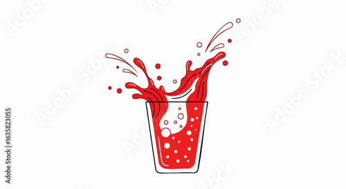 Red liquid splashing out of glass on white background illustration