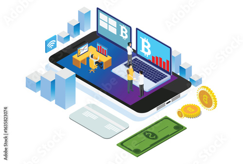 Modern Isometric Smart Bitcoin Mining Illustration, Suitable for Diagrams, Infographics, Book Illustration, Game Asset, And Other Graphic Related Assets