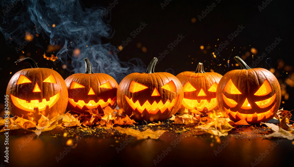 Fototapeta premium Five jack-o'-lanterns and fallen autumn leaves glowing against a smoky black background.