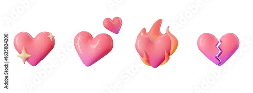 3d emoji sparkling love, two hearts, heart on fire and broken heart icon illustration
