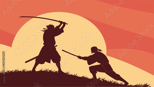 Silhouette of two samurai warriors fighting with katana swords in a duel on a hill with a sunset background in a vector illustration
