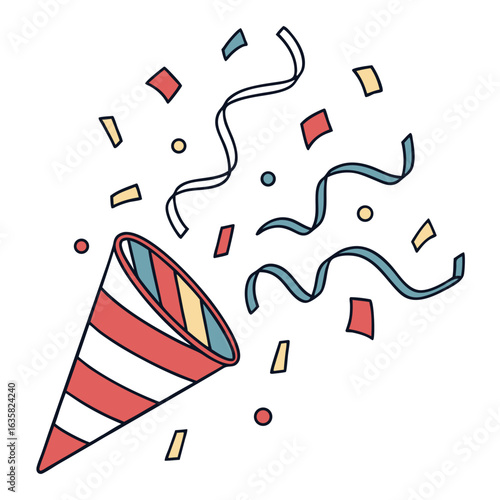 Vector art of a festive party popper exploding with colorful confetti and streamers, isolated on a white background, symbolizing celebration and joy