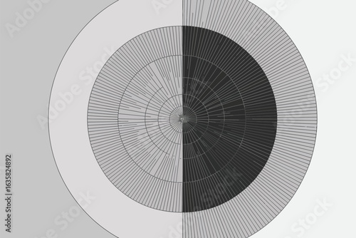 A circular graphic with radiating lines and a half shaded portion in gray and light gray colors