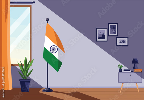 Tricolor Indian flag with Ashoka Chakra mounted on a freestanding indoor flagpole.