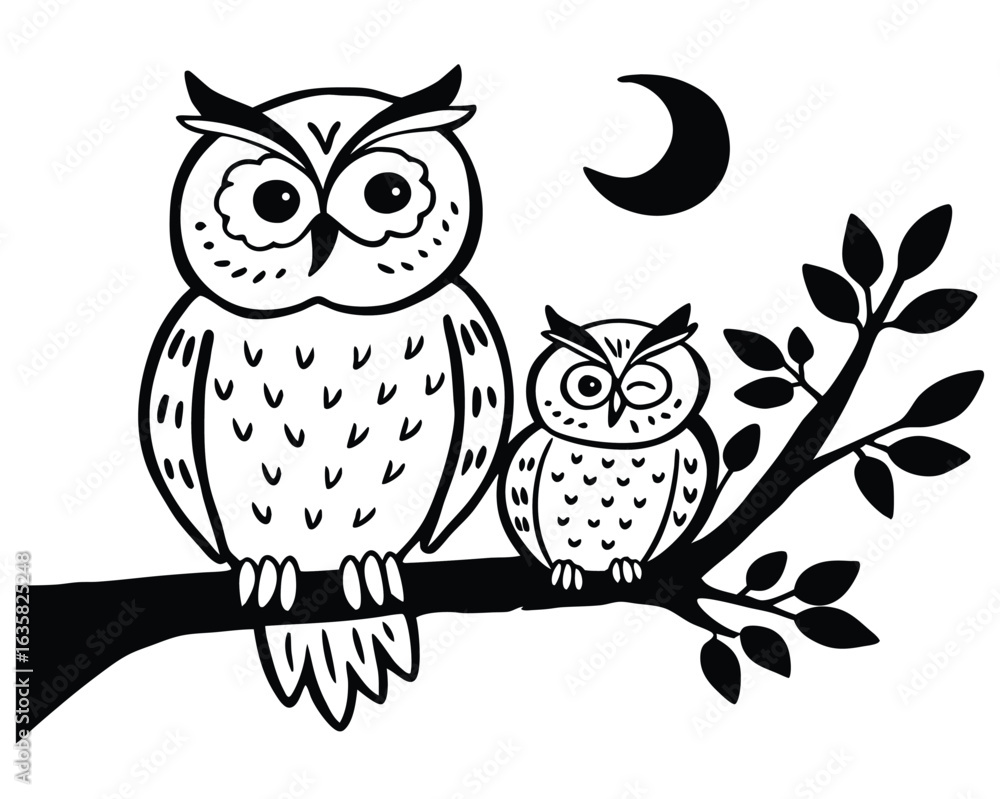 Fototapeta premium Vector art of two owls sitting on a tree branch under a crescent moon, black and white illustration