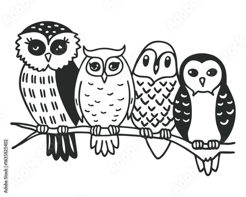 Vector art of four cute cartoon owls perched together on a tree branch, black and white illustration isolated on white background