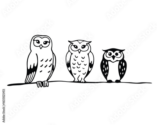 Vector art of three cute owls sitting on a branch, isolated on white background