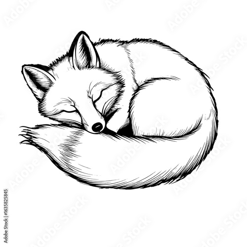 A fox sleeps with its tail covered, black and white sketch. Vector illustration. A cunning forest animal, isolated on a white background