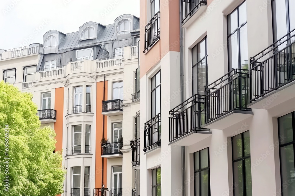 Fototapeta premium Close-up of modern apartment buildings with white walls, orange accents, and black metal balconies in Parisian style