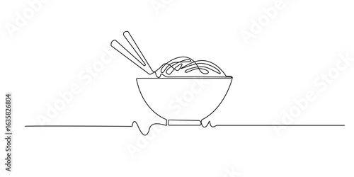 Continuous line drawing of a bowl of noodles with chopsticks.Minimalist one-line vector illustration perfect for Asian food, culinary art, restaurant, ramen, or noodle-themed design.