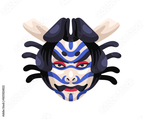 Kabuki mask ornamented with blue and red lines. Traditional Japanese masque of samurai, warrior. East Asian theatre disguise with makeup, tattoo on face. Flat isolated vector illustration on white