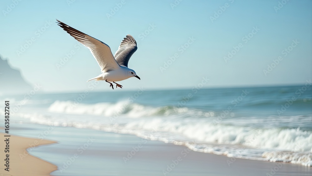 Fototapeta premium A seagull soars above the tranquil ocean shore.