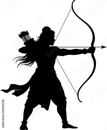 Silhouette of Lord Rama with bow and arrow aiming at target, Dussehra festival celebration, Hindu mythology art.