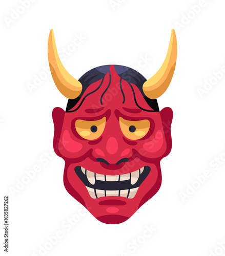 Japanese Hannya kabuki mask. Ancient East Asian masque of demon for masquerade. Face of devil, Oni for traditional theatre in Japan culture. Flat isolated vector illustration on white background