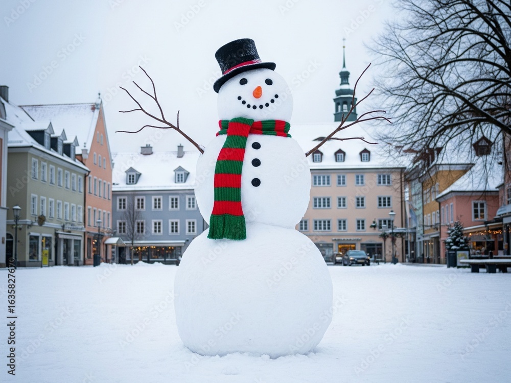 Naklejka premium Snowman in the middle of the city in winter