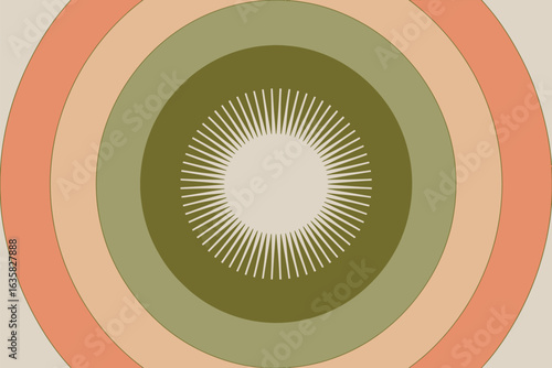 Abstract concentric circles with radiating lines in muted earthy tones for a retro seventies vibe