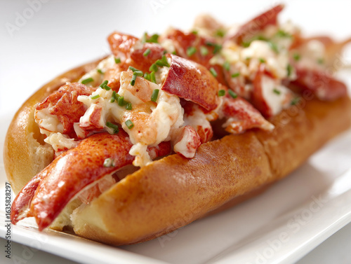 Detailed overhead photo of a lobster roll, cinematic, lobster meat in sharp focus, white background, full HD