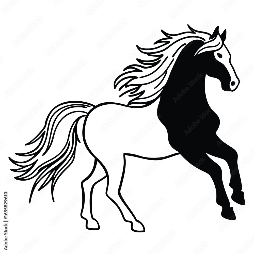 Obraz premium Vector art of black and white illustration of a majestic horse running, isolated on white background