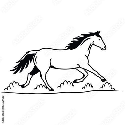 Vector art of a black and white illustration of a horse running through grass, isolated on a white background