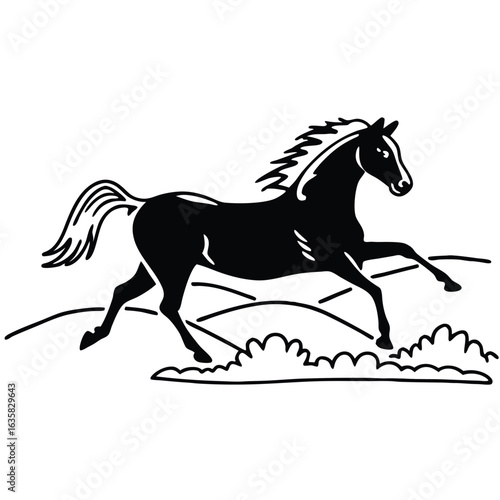 Vector art of black and white illustration of a horse running across a field with hills and bushes