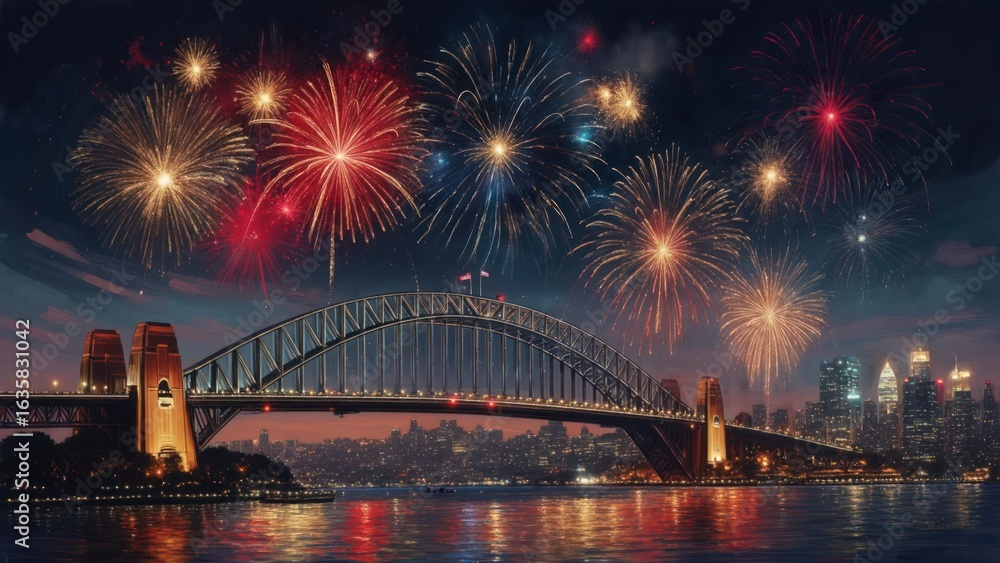 Naklejka premium Fireworks over a city bridge at night