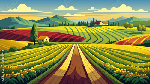 farm field lines of arable land and rapeflowerfield landscape