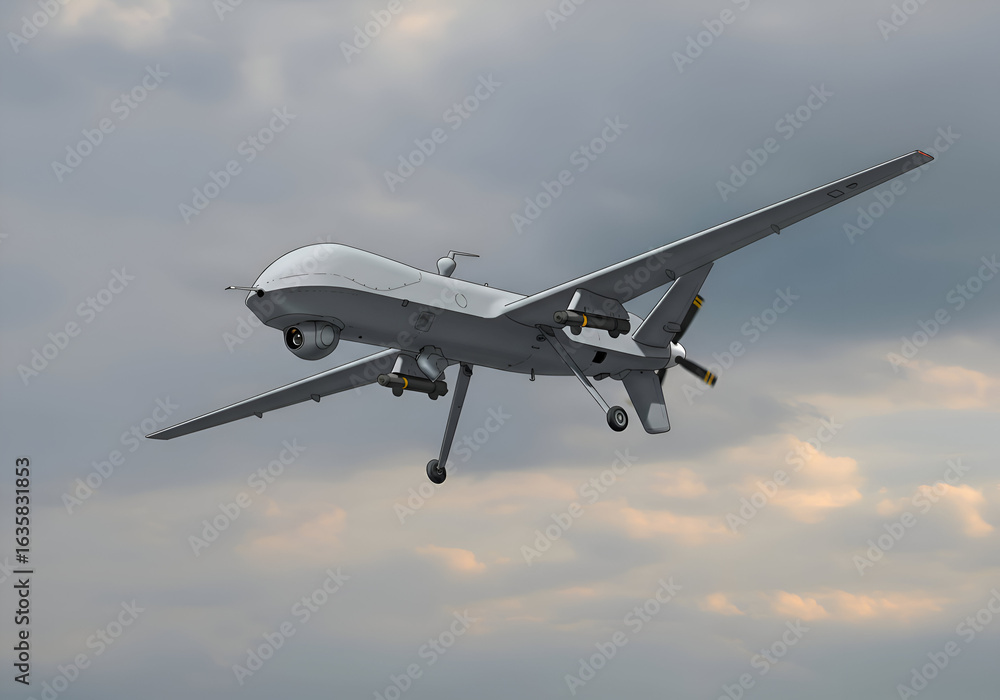 Obraz premium Military unmanned aerial vehicle in flight against a cloudy sky. Unmanned aerial vehicle in flight with weaponry, military personnel with military drone. aerial warfare.