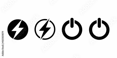 Power and Energy Icons Set – Lightning Bolt, Charging, On/Off Symbols

