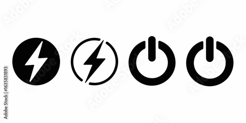 Power and Energy Icons Set – Lightning Bolt, Charging, On/Off Symbols

