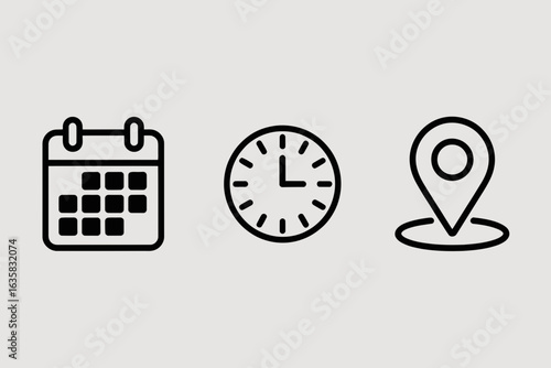 Calendar, Clock, and Location Icons – Date, Time, Place Symbols

