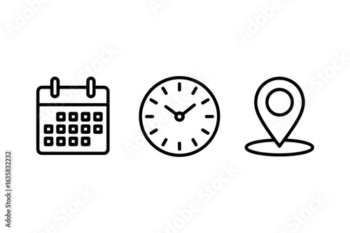 Calendar, Clock, and Location Icons – Date, Time, Place Symbols

