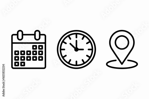 Calendar, Clock, and Location Icons – Date, Time, Place Symbols

