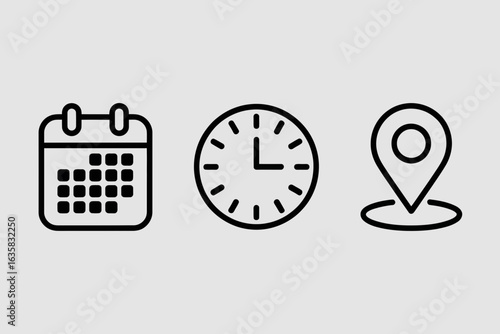 Calendar, Clock, and Location Icons – Date, Time, Place Symbols

