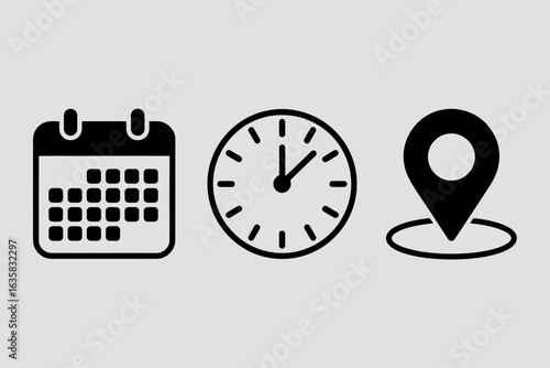 Calendar, Clock, and Location Icons – Date, Time, Place Symbols

