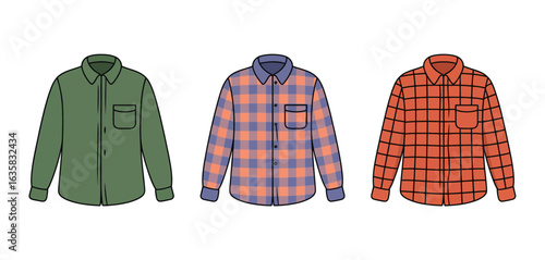 Three flannel shirts in different colors and patterns
