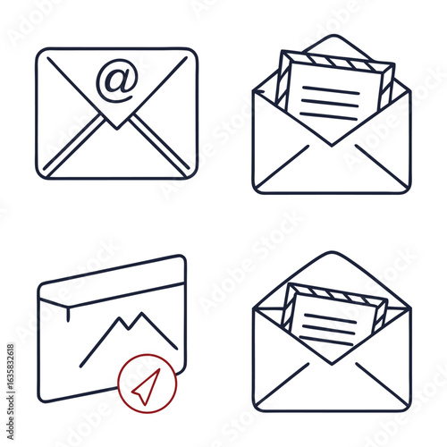 Vector art of set of four simple line art icons representing email and communication, including envelopes and messages, isolated on white background