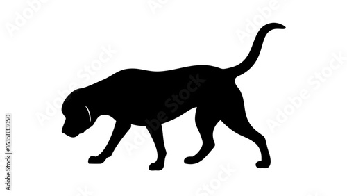 Silhouette of a dog walking with its head down and tail up on a white background in a side view