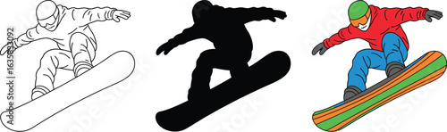 Dynamic snowboarder performing aerial trick in vibrant action pose
