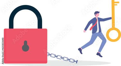 Flat illustration of happy businessman hold golden key after unlocking burden chain symbolizing debt freedom

