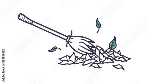 Broom sweeping autumn leaves illustration