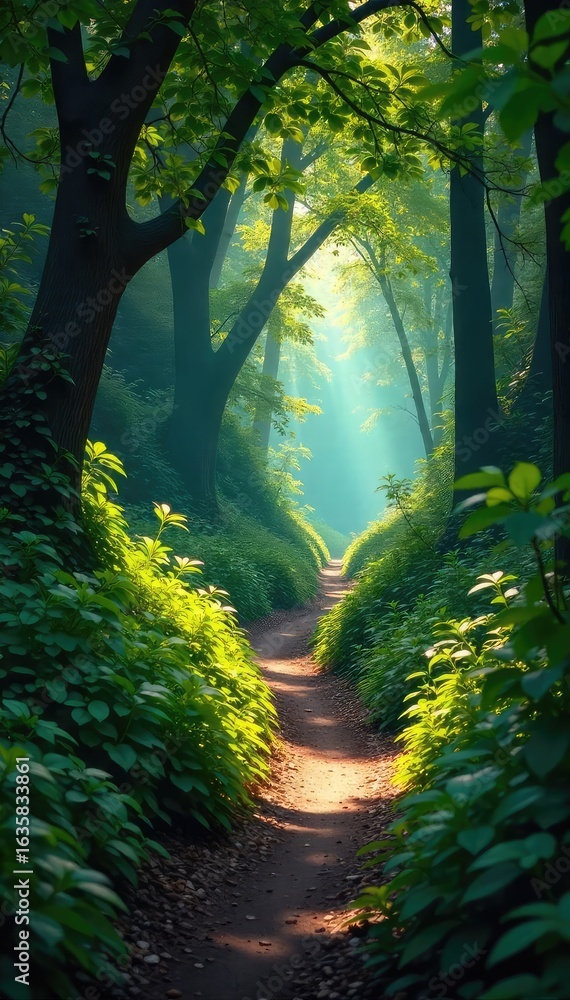 Naklejka premium Mysterious Winding Path Through Lush Foliage Sunlight Fights Through Dense Canopy, Creating Dramatic Shadows and a Sense of Seclusion