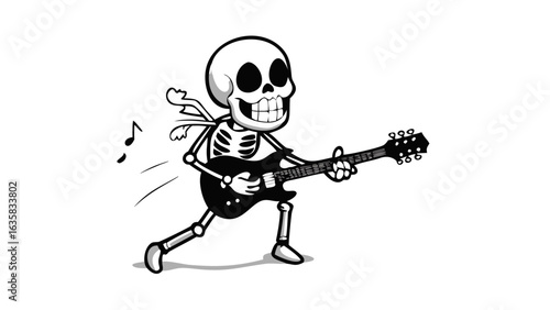Skeleton rocker playing electric guitar with musical notes