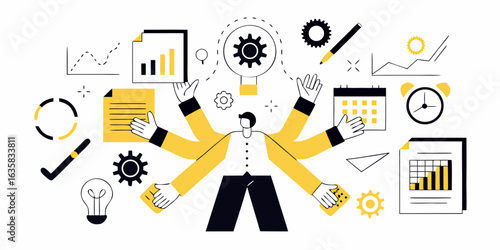 Multitasking business person with many hands managing tasks and data