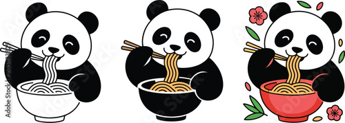 Cute panda enjoys delicious noodles with chopsticks, happy mealtime