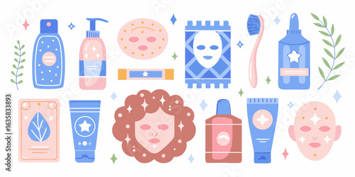 Skincare routine products and face masks with sparkling elements