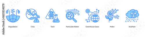Toxic Environment web banner icon vector illustration featuring Degradation, Crisis, Toxin, Particulate Matter, Greenhouse Gases, Pollen, and Acid Rain.