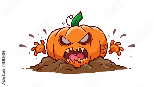 Scary halloween pumpkin monster emerging from the ground